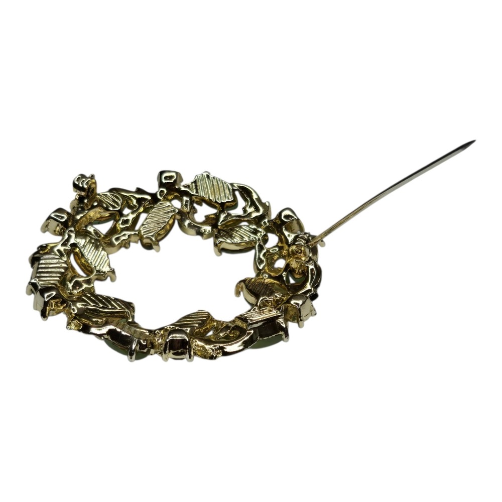 EMJ Wreath Brooch Green‎ Vintage Moonglow Rhinestone Gold Tone - Picture 4 of 9